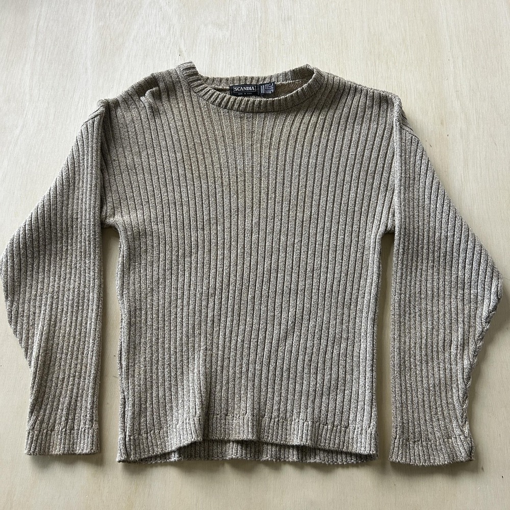 Vintage Scandia Sweater Mens Medium Beige Cotton Knit Crewneck Pullover USA